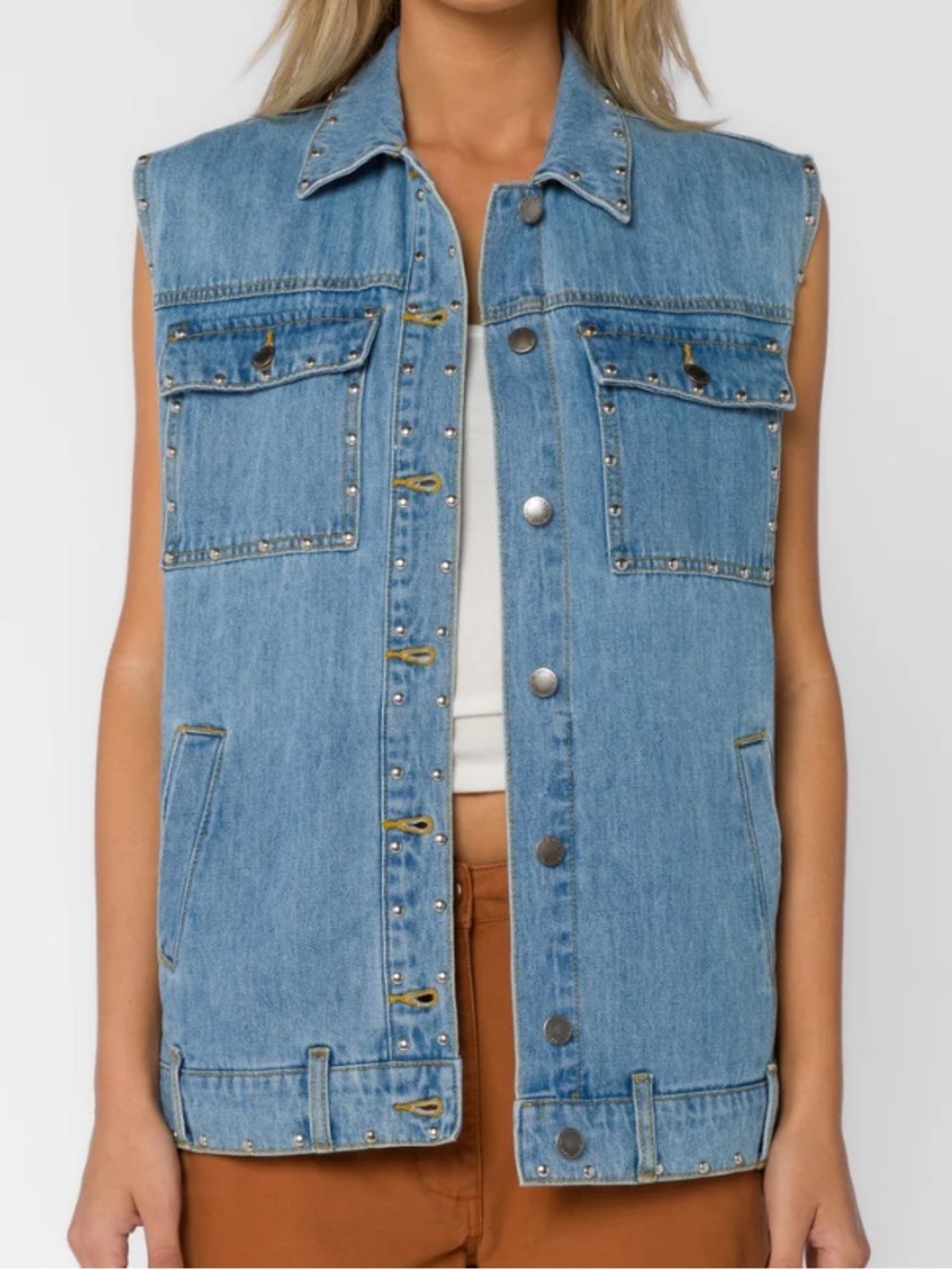 Studded Denim Biker Blue Jean Vest Forever 21 Women's Size Large